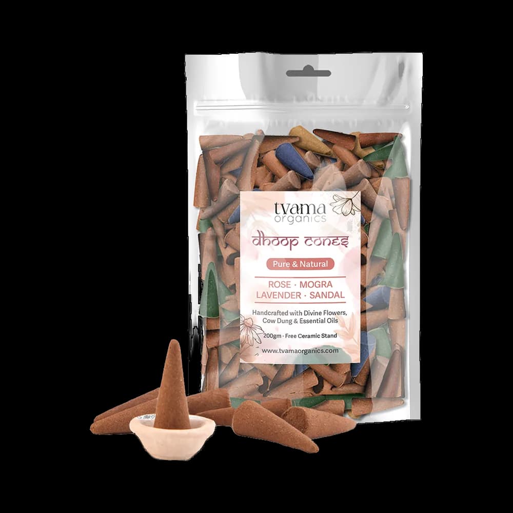 Tvama Dhoop Cones pouch with assorted cones on a ceramic stand