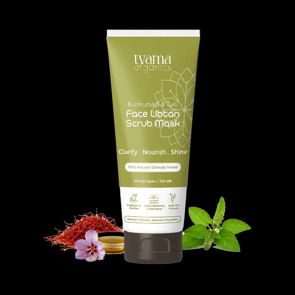 Tvama Kumkumadi & Tulsi Face Ubtan Scrub Mask tube with saffron strands and tulsi leaves
