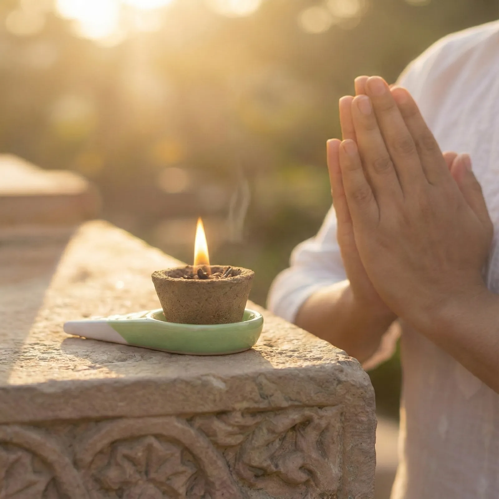 A lit hawan cup and hands folded in prayer